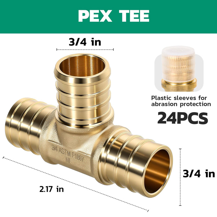 PEX pipe fitting assortment spotlight: 3/4 x 1/2 x 3/4 tee, NSF/UPC brass, smooth barbs for secure clamp ring sealing.