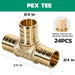 PEX pipe fitting assortment spotlight: 3/4 x 1/2 x 3/4 tee, NSF/UPC brass, smooth barbs for secure clamp ring sealing.