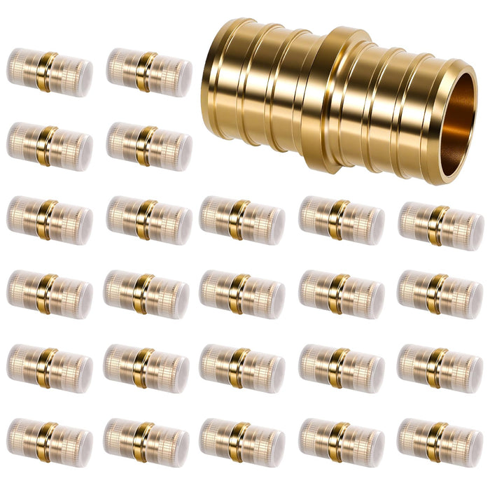 24-pack brass couplings for flex pipe fittings, 3/4 x 1/2, barbed ends grip PEX-B tubing for quick home plumbing.