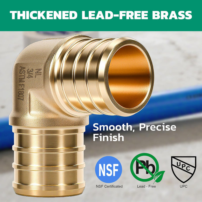 Lead-free brass 3/4 inch pex fittings, 90° elbows with barbs, NSF/UPC rated, built for secure clamping in water lines.