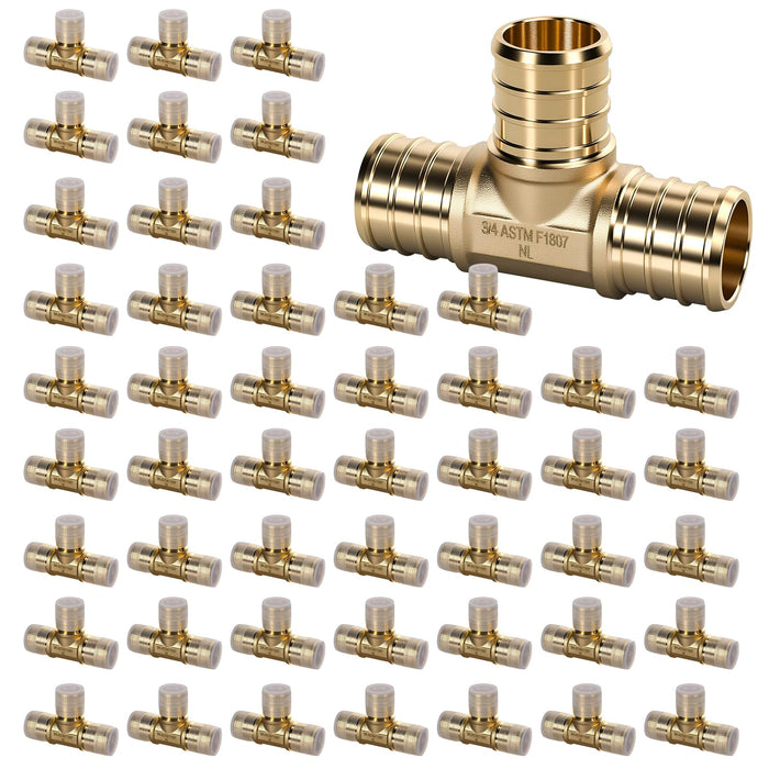 plumbing fittings photo: 3/4 PEX tee, 50-pack brass with sleeves, NSF certified, smooth finish for reliable branch runs