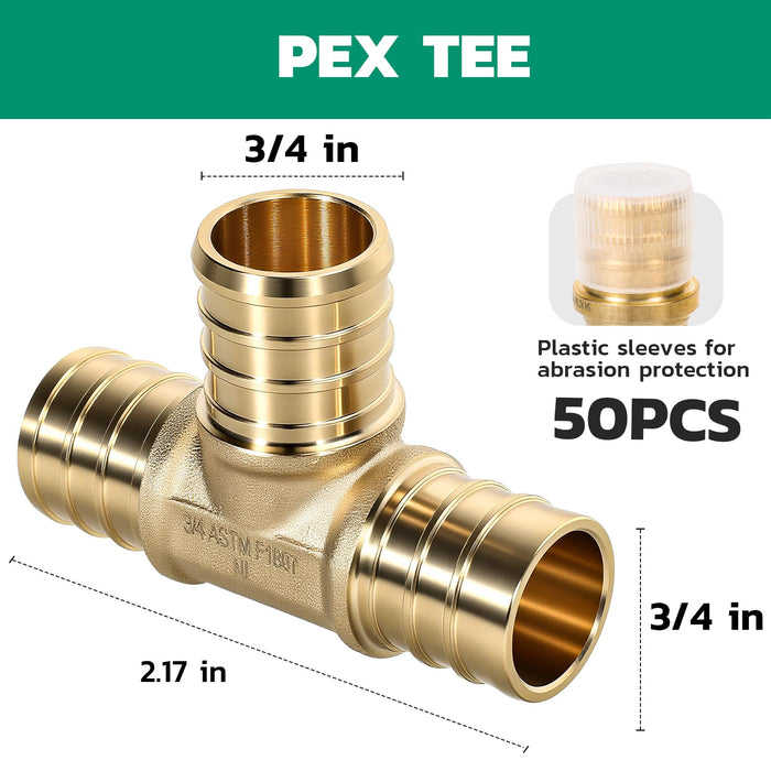 pex pipe fittings shown—50-pack 3/4 brass tees, barbed ends for crimp/clamp, UPC rated, sleeves, 2.17 in body length