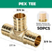 pex pipe fittings shown—50-pack 3/4 brass tees, barbed ends for crimp/clamp, UPC rated, sleeves, 2.17 in body length