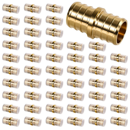 50-pack 3/4 pex pipe fittings brass coupling with plastic sleeves, lead-free, NSF/UPC compliant, smooth precision finish
