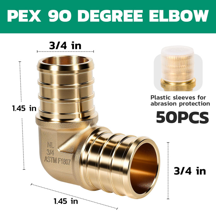greese fitting view of 3/4 PEX 90° elbow, 50-pack with sleeves, NSF lead-free brass, smooth finish, labeled dimensions