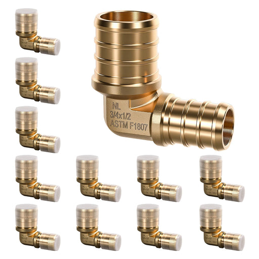 12-pack 3/4 x 1/2 in 90° elbow set in lead-free brass, compatible with flex pipe fittings, smooth finish for plumbing.