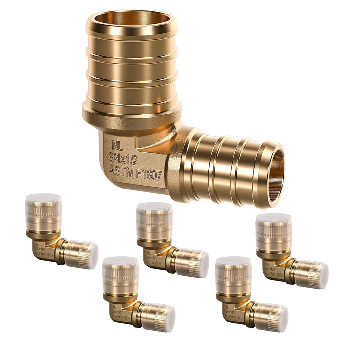 6-pack 3/4 x 1/2 in 90° elbow, lead-free brass barbed connector for pex fittings 1/2 inch, includes protective sleeves.