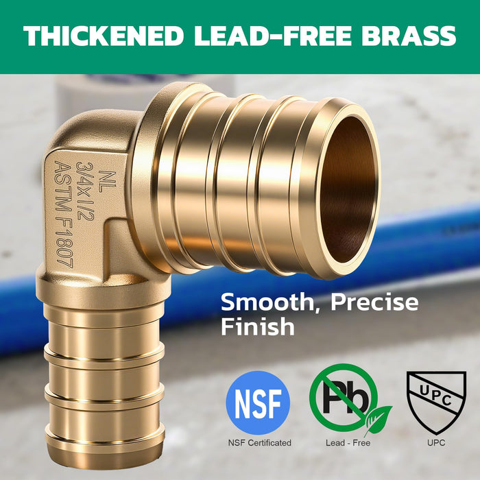 Lead-free brass 90° elbow 3/4 x 1/2 in, ASTM F1807 barbed 1/2 pex fittings, smooth precise finish for tight corners.