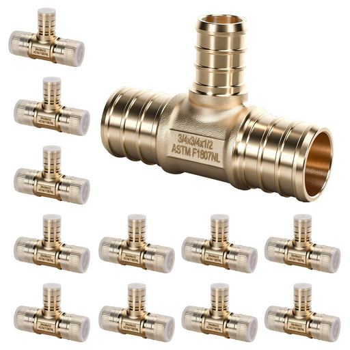 12-pack brass tees 3/4 x 3/4 x 1/2 for PEX-B lines; smooth barbs, caps included, 3/4 pex pipe fittings for upgrades