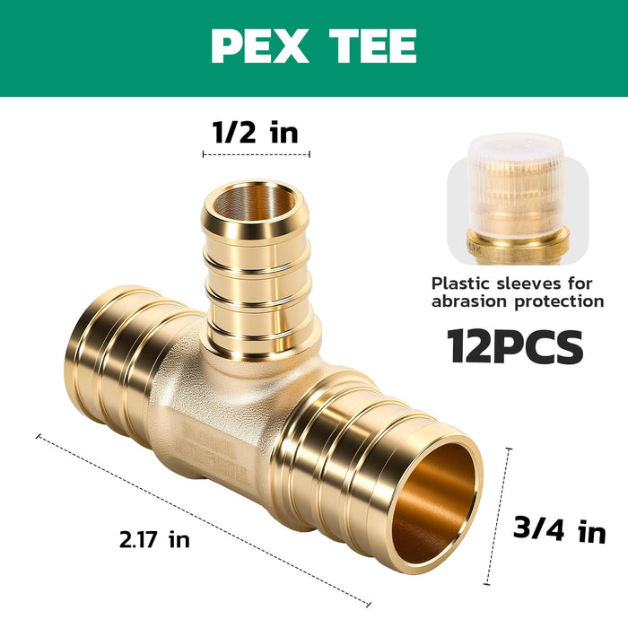 Lead-free brass tee 3/4 x 3/4 x 1/2 for PEX-B, finish; bundle organizes like a zirc fittings assortment in service vans