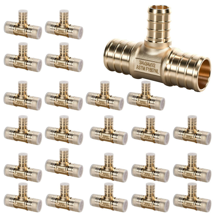 24-pack brass tee 3/4 x 3/4 x 1/2 for PEX-B; precise barbs, capped ports; alt search keyword supported: zirk fittings