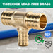 Close view of brass tee with smooth barbed ends, ASTM F1807 and UPC; reliable pex fittings for home water supply lines