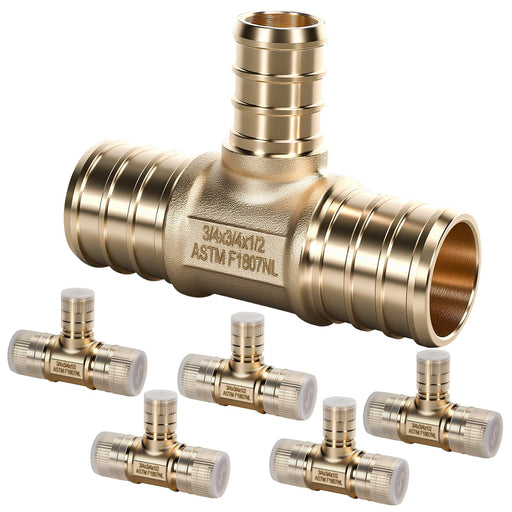 PEX-B tee kit, 6 pieces 3/4 x 3/4 x 1/2 brass; barbs and caps give strong joins, pex pipe fittings 1/2 inch upgrades