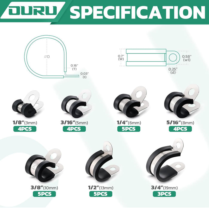 Wire clamps size spec chart: 1/8–3/4 inch with quantities; rubber-lined P-clamps.
