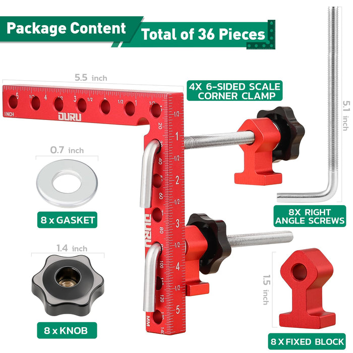 Woodworking clamps set with 6-sided scale corner square, screws and knobs; CNC aluminum square ensures 90° joints.