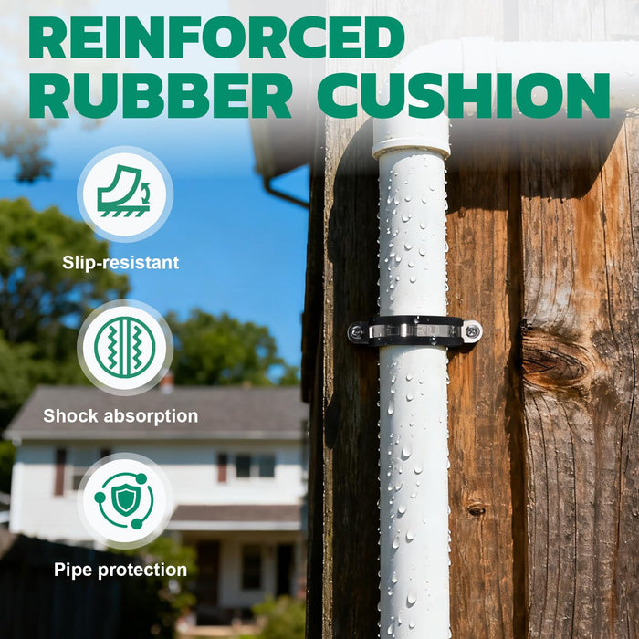 Outdoor pipe secured by harness clamps with reinforced rubber cushion, providing slip resistance and shock absorption.