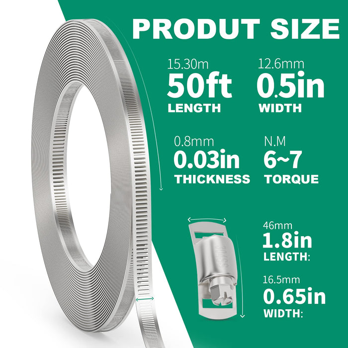 Spec graphic shows stainless banding roll for custom clamps: 50ft length, 0.5in width, 0.03in thick, 6–7 N·m torque, 46mm fastener.