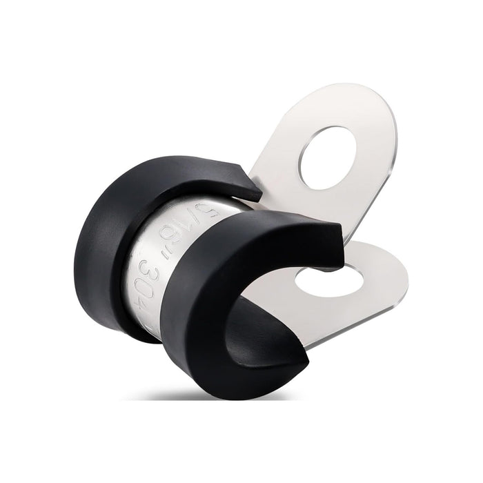 Cable wire clip, curved stainless bracket with cushioning, dual-hole mounting for pipes and wiring.
