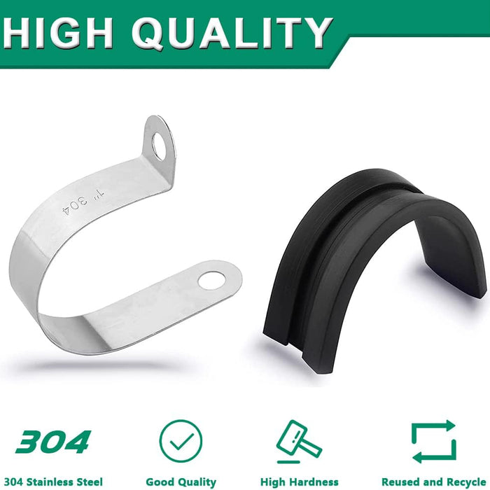 Stainless band and rubber liner split view; durable clamps for wires, reusable design.