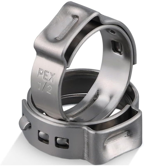 Stainless ear clamp rings for pex pipe fittings; size marks, smooth edges, and strong bite for plumbing and irrigation.