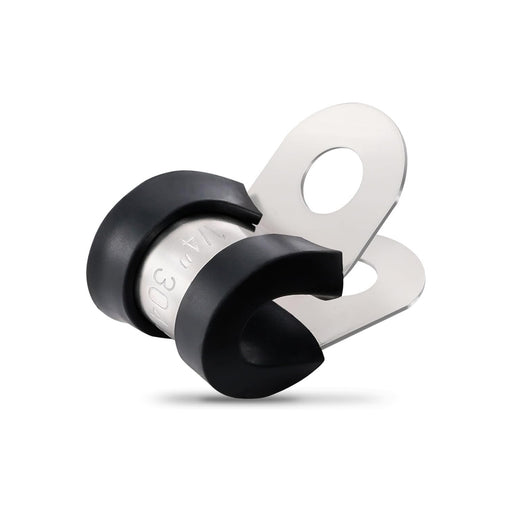 Close-up of 304 stainless, rubber-cushioned metal wire clips for securing cables and pipes.