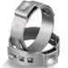 Stainless single ear clamp on PEX tubing; band ensures leak-free connection for pex fittings and quick repairs.