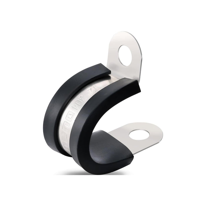 Small cable clamp, stainless U-clip with rubber sleeve and 1/4 in hole, neat cable management.