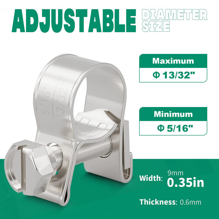 high pressure fuel line clamp sizing card, 5/16–13/32 inch; 9 mm width band with screw drive for secure leak prevention