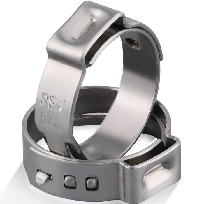 Close-up of 5/8 single-ear clamp rings shows sizing and quality, illustrating the best type of pex fittings for tight seals.