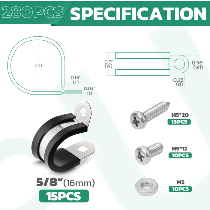 Ouru 5/8 inch u-bolt cable clamp size specification diagram from the 50 PCS kit.
