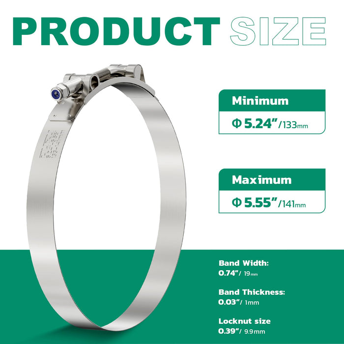 Large stainless T-bolt fuel line spring clamp, adjustable 5.24–5.55 inch band, corrosion-resistant for industrial hoses.