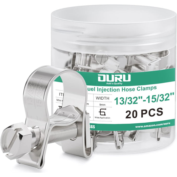 clamp for fuel line jar, 13/32–15/32 inch, 20 pcs; labeled stainless mini clamps for automotive and small engine hoses.
