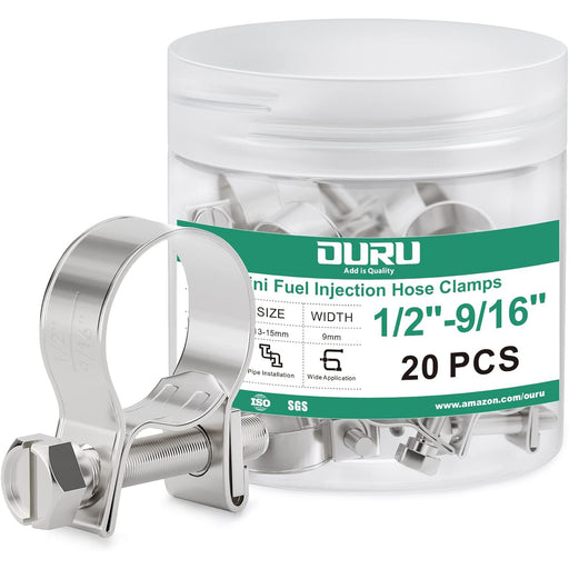 best hose clamp for fuel line jar, 1/2–9/16 inch; 20 pcs 304 stainless injection clamps for secure, long-lasting seals