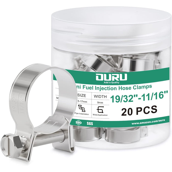 motorcycle fuel line clamp set, 19/32–11/16 inch clamps in jar; stainless screw-drive bands provide leak-free seals