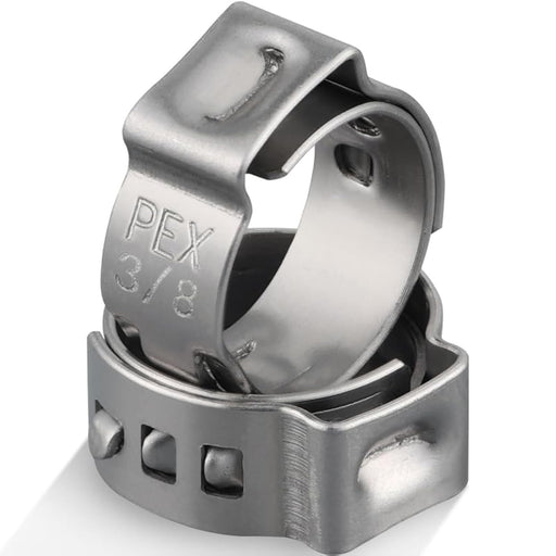 Macro of 3/8 inch single ear hose clamp; smooth inner band protects tubing as the ear compresses for a tight seal.