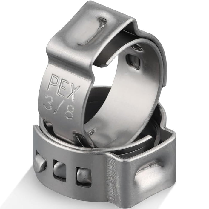 Macro of 3/8 inch single ear hose clamp; smooth inner band protects tubing as the ear compresses for a tight seal.