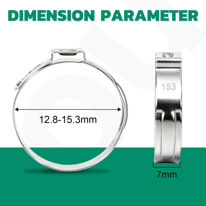 Pex ring crimp measurement graphic displaying 12.8–15.3mm diameter range with smooth inner ring structure.