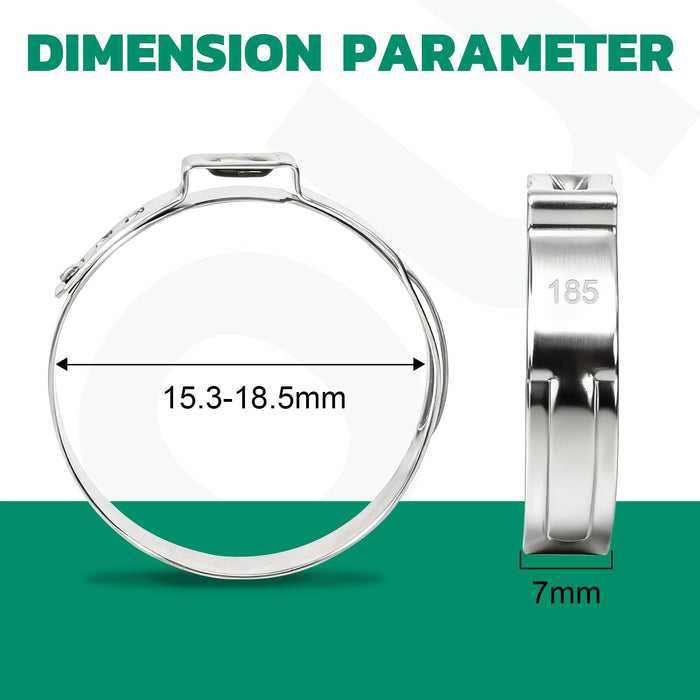 Pex crimp rings size reference showing adjustable 15.3–18.5mm fit range and narrow band focused sealing force.