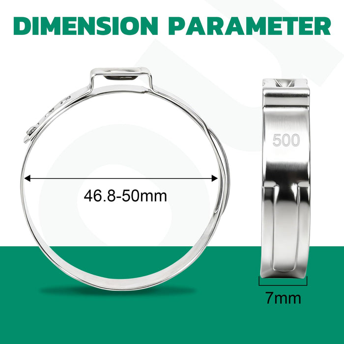 Ring clamps dimension illustration featuring large 46.8–50mm diameter clamp with polished stainless steel edges.