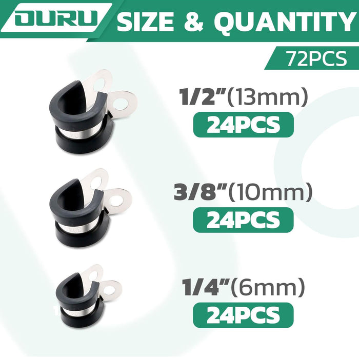 wire rope cable clamps assortment: 72pcs—24 each of 1/4, 3/8, 1/2 inch rubber-lined stainless P-clamps.