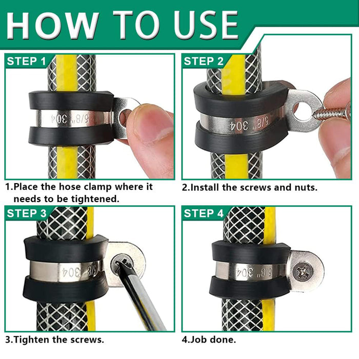 Step-by-step guide to clamp for wire: place, bolt, tighten, finish on braided hose.