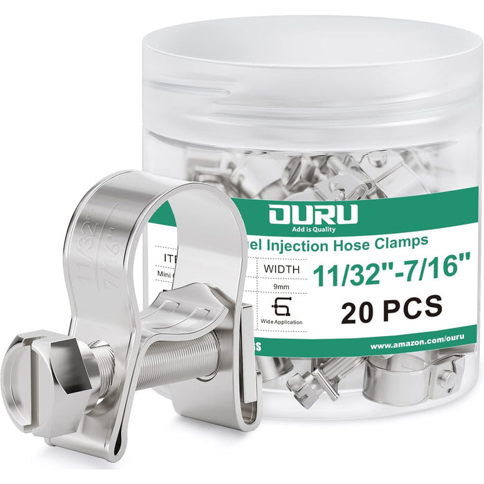 fuel hose clamp jar, 11/32–7/16 inch, 20 pcs; 9 mm stainless band clamps give firm compression and solid leak control.