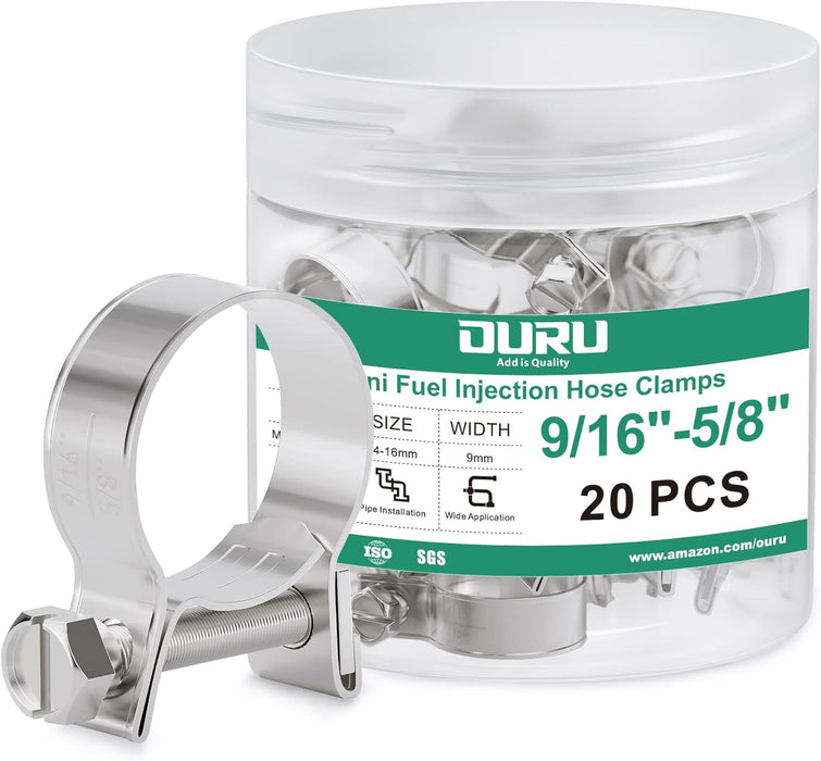 fuel line hose clamps jar, 9/16–5/8 inch, 20 pcs; 304 stainless band with screw drive for tight, leak-free seal