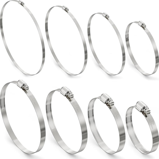 Worm gear hose clamp assortment kit, 8 sizes from 2.5–12 in, 304 stainless for durable sealing.