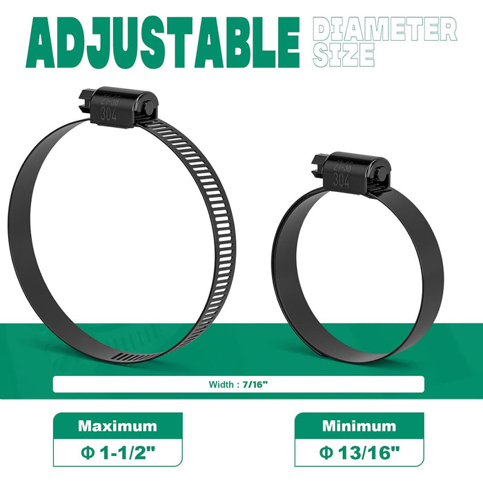 hose clamps adjustable 13/16–1-1/2 in, 7/16 in width; black 304 stainless worm gear band for plumbing and automotive