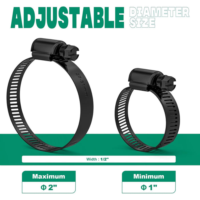 Quick connector hose clamp with worm gear design, stainless steel build for leak-proof sealing on hoses, pipes, and tubing.