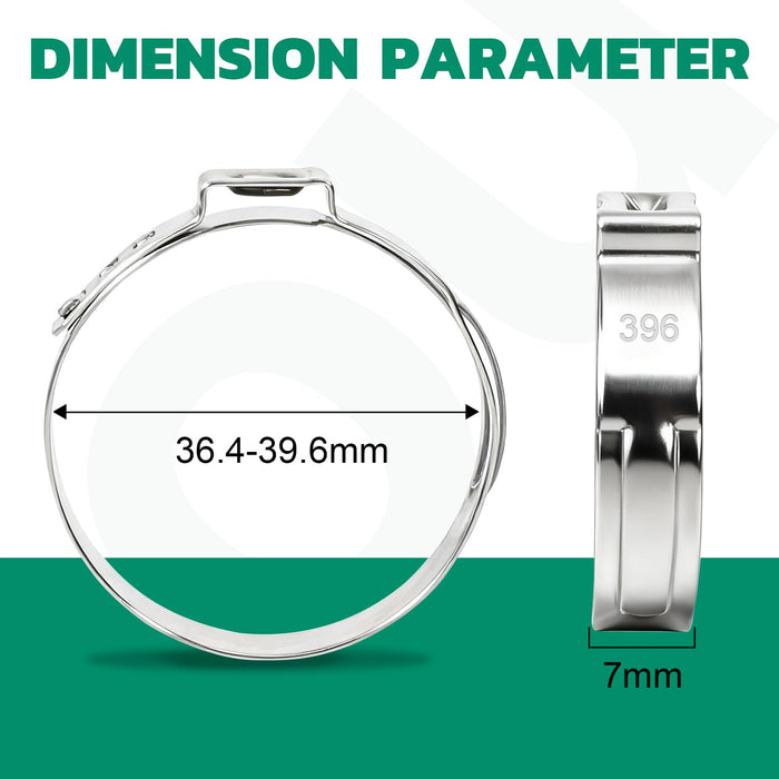 Pex crimp ring dimension chart showing adjustable stainless steel clamp range 36.4–39.6mm with 7mm band width.