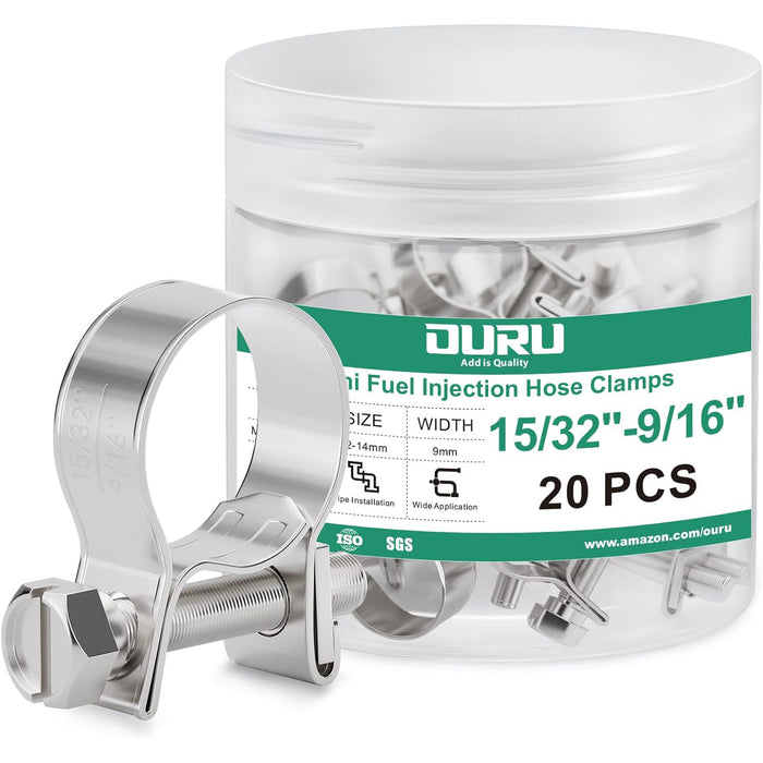 fuel line clamps jar, 15/32–9/16 inch, 20 pcs; 304 stainless clamps with 9 mm band for secure, tight fuel connections.