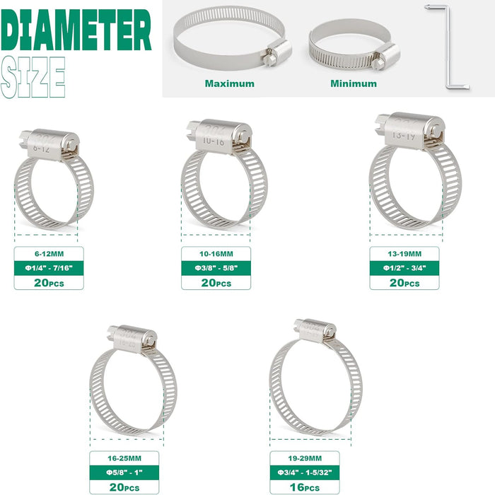 Hose clamp for dishwasher bundle; stainless clamps arranged by diameter in compartments with right-angle driver.