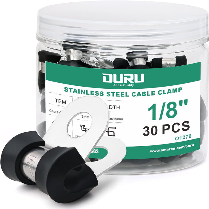 1/8" steel rope clamp set, 304 stainless with rubber cushion, 30 pcs labeled jar.